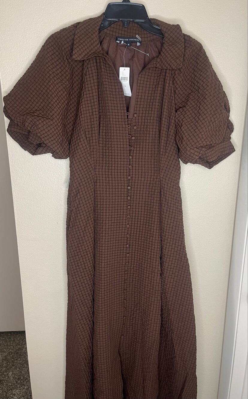 Anthropology English Factory Puff Sleeve Textured Midi Shirtdress Brown Med